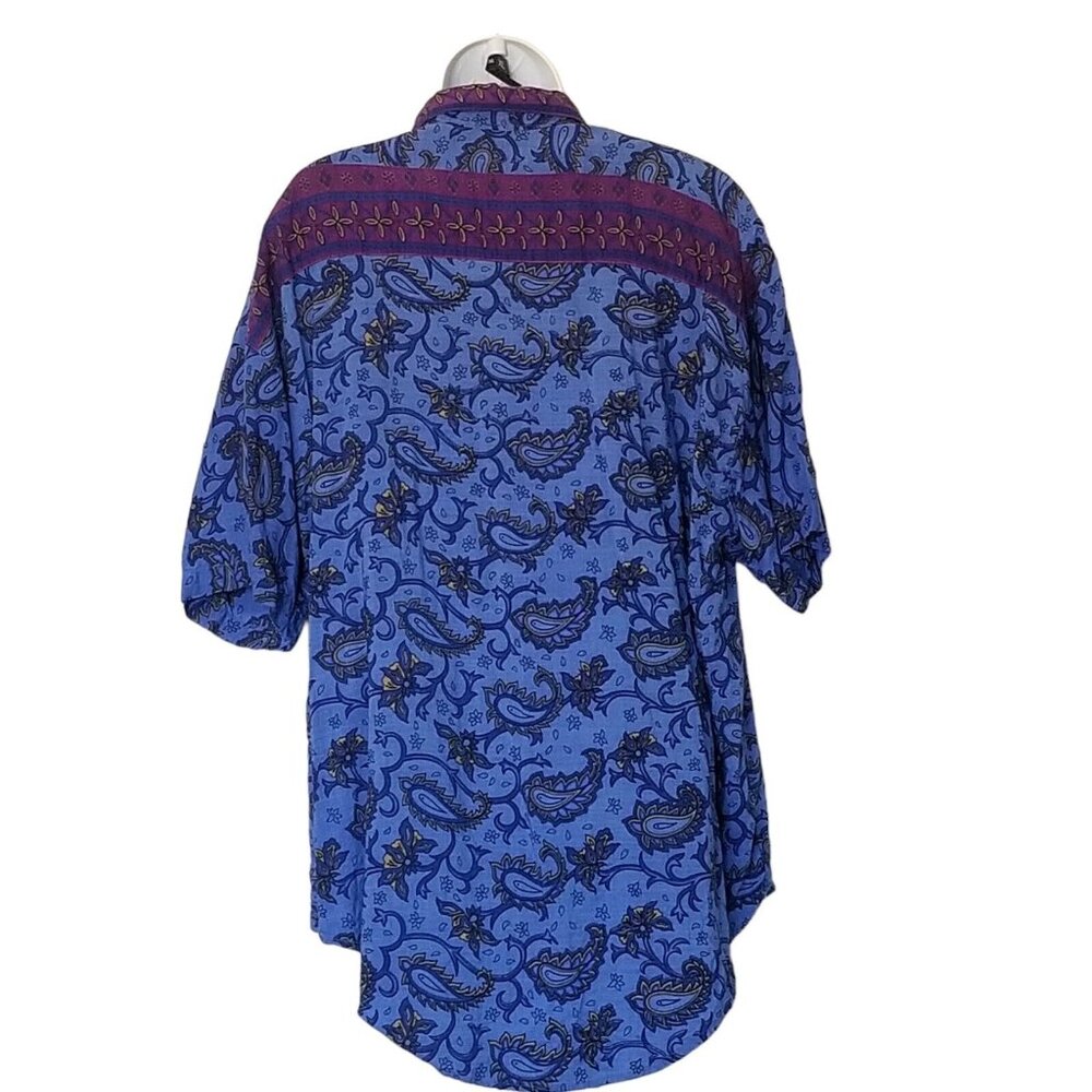 Vtg 80s High Advantage Short Sleeve Shirt Womens 22 Paisley Blue Button Up Hi Lo - Picture 4 of 11